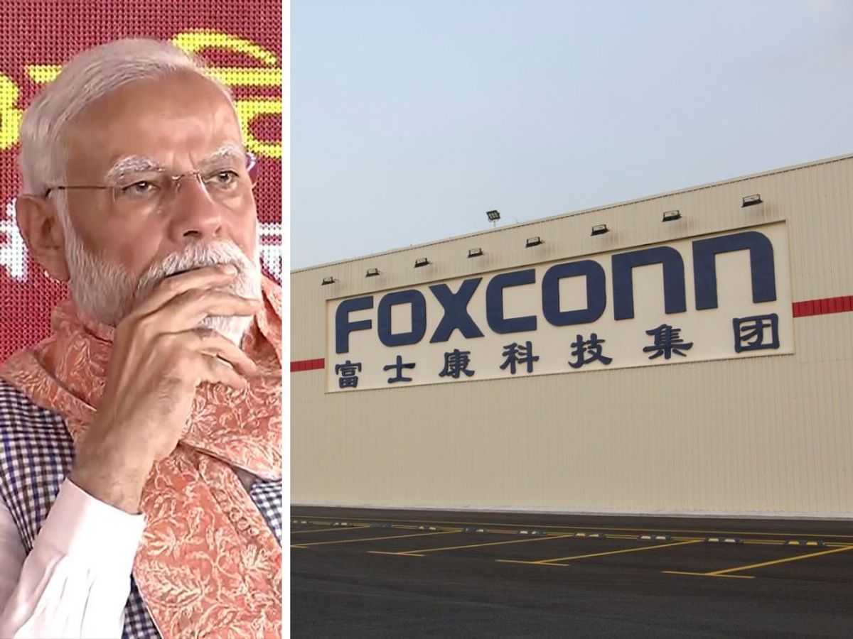 (L-R) Indian PM Narendra Modi and a Foxconn plant