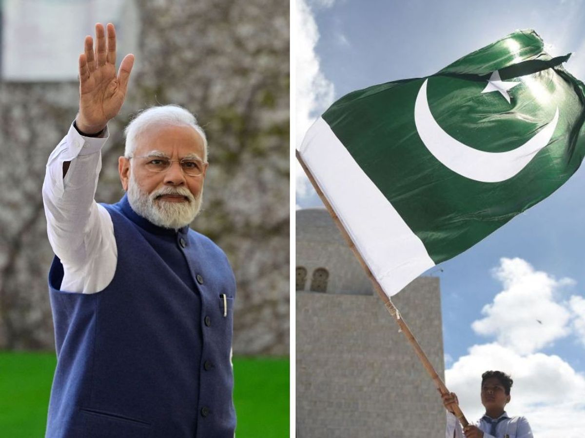 (L-R) Indian PM Narendra Modi and the Pakistan national flag