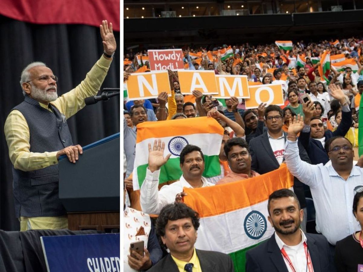 (L-R) Indian PM Narendra Modi at an event in US in 2019 and Indian-Americans cheer him