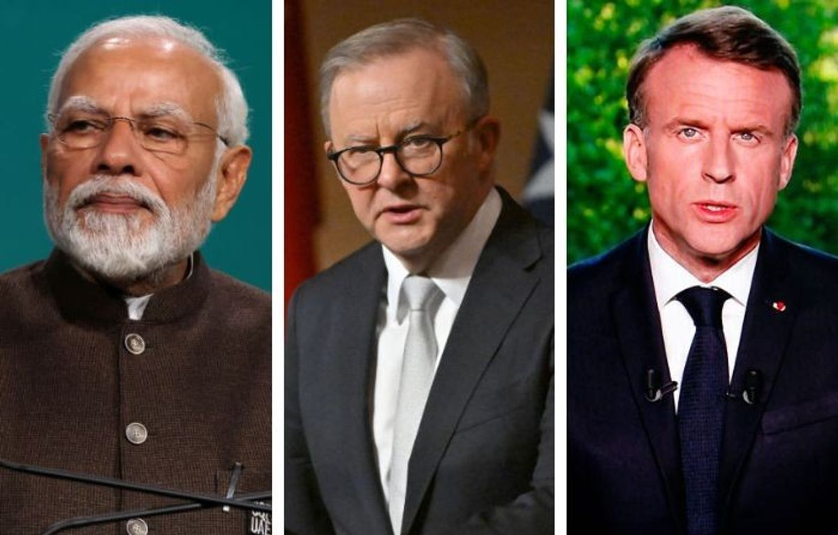 (L-R) Indian PM Narendra Modi, Australian PM Anthony Albanese and French president Emmanuel Macron