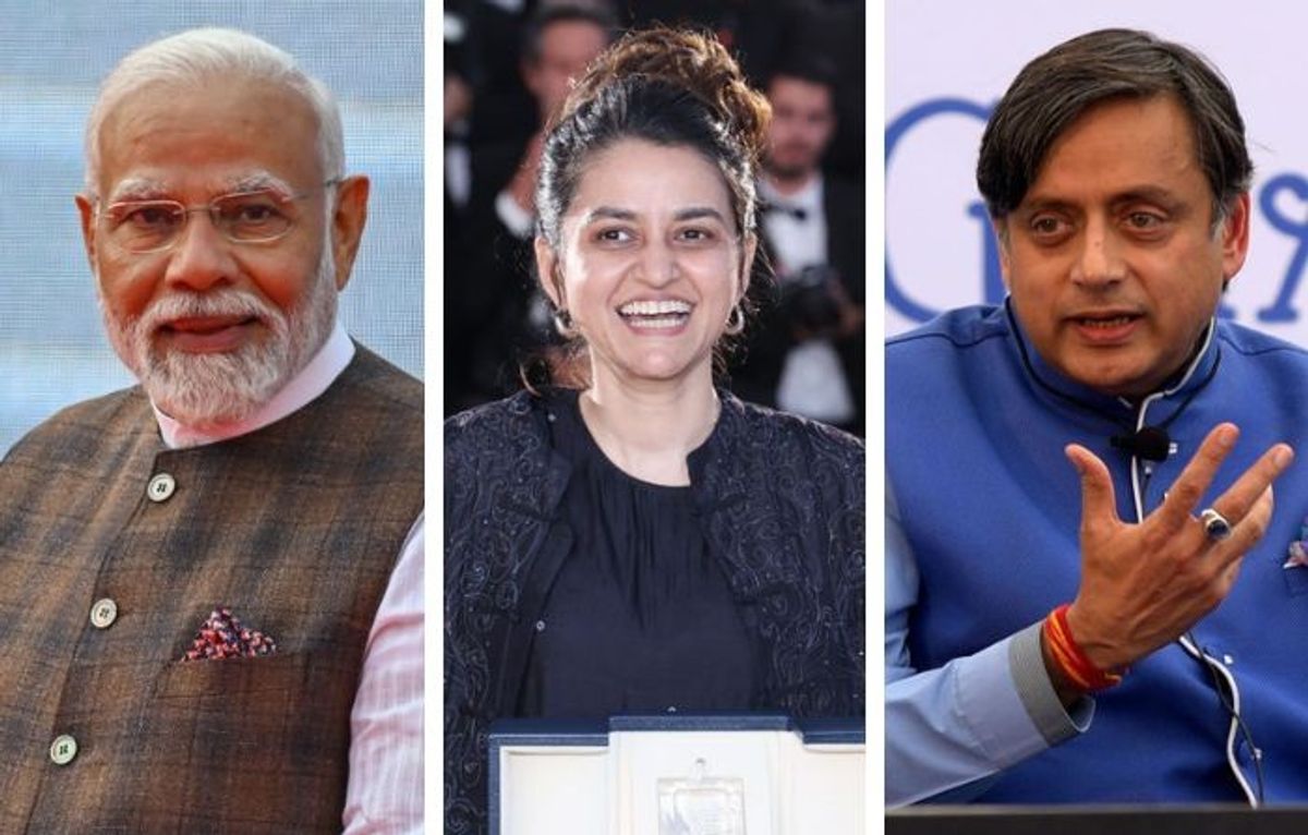 (L-R) Indian PM Narendra Modi, Payal Kapadia and Shashi Tharoor