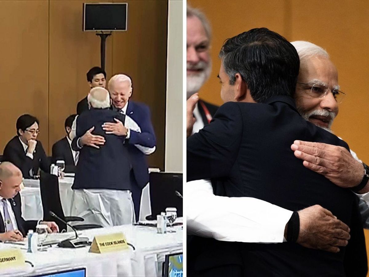 (L-R) Indian prime minister gives bear hugs to US president Joe Biden and British prime minister Rishi Sunak on the sidlines of the G7 summit in Hiroshima, Japan,