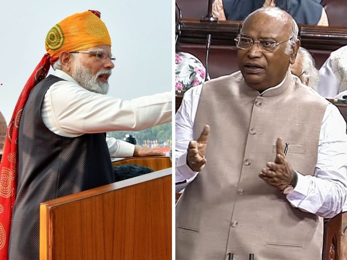 (L-R) Indian prime minister Narendra Modi addresses the nation from the ramparts of Red Fort on the occasion of 77th Independence Day, in New Delhi on Tuesday, August 15, 2023 (ANI Photo/Rahul Singh) and Mallikarjun Kharge, the chief of India's opposition Indian National Congress, speaks in the Indian parliament.