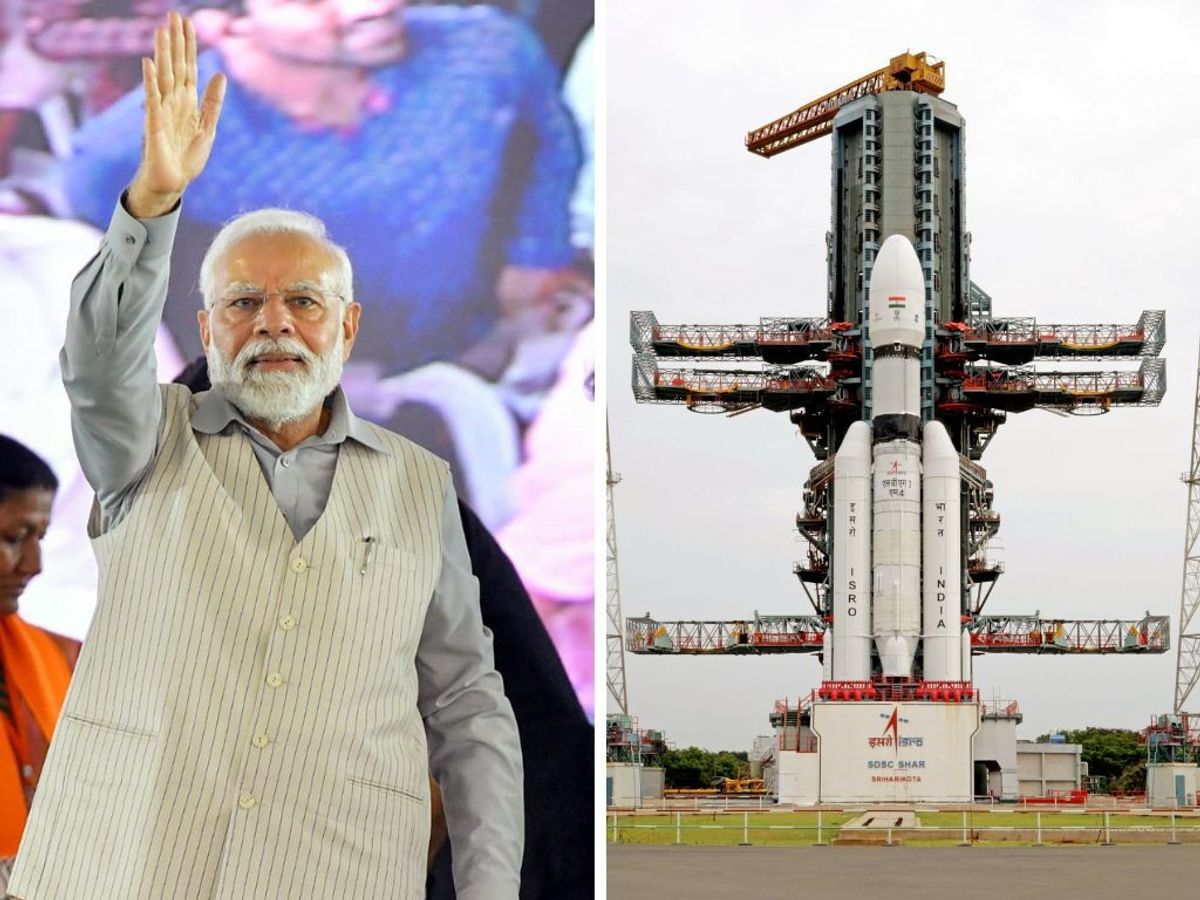 (L-R) Indian prime minister Narendra Modi and Chandrayaan 3 spacecraft