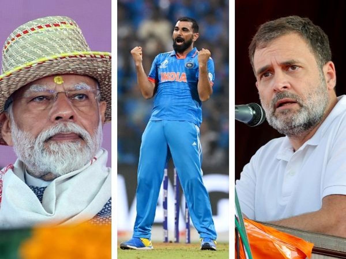 (L-R) Indian prime minister Narendra Modi, India cricketer Mohammed Shami and Indian National Congress leader Rahul Gandhi