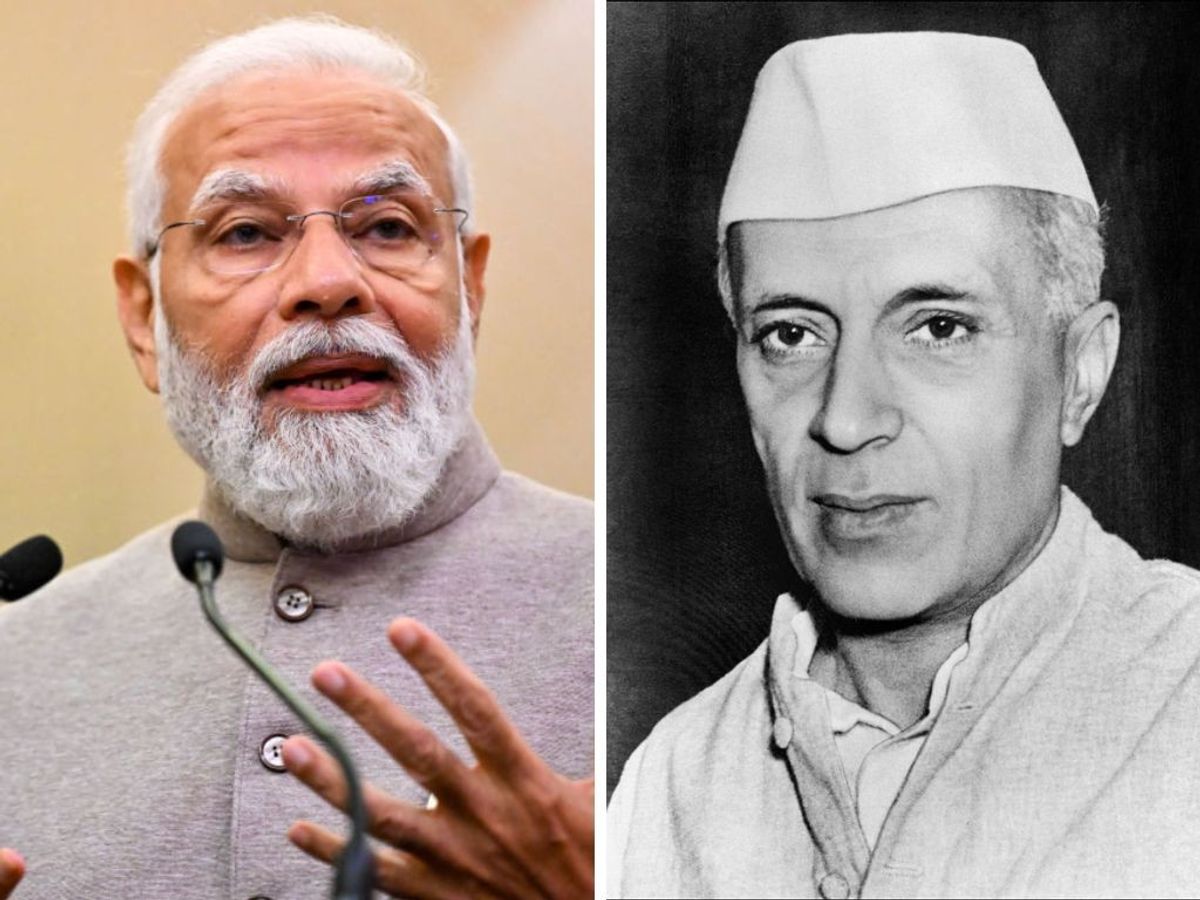 (L-R) Indian prime minister Narendra Modi (Photo by Saeed Khan-Pool/Getty Images) and India's first prime minister Jawaharlal Nehru
