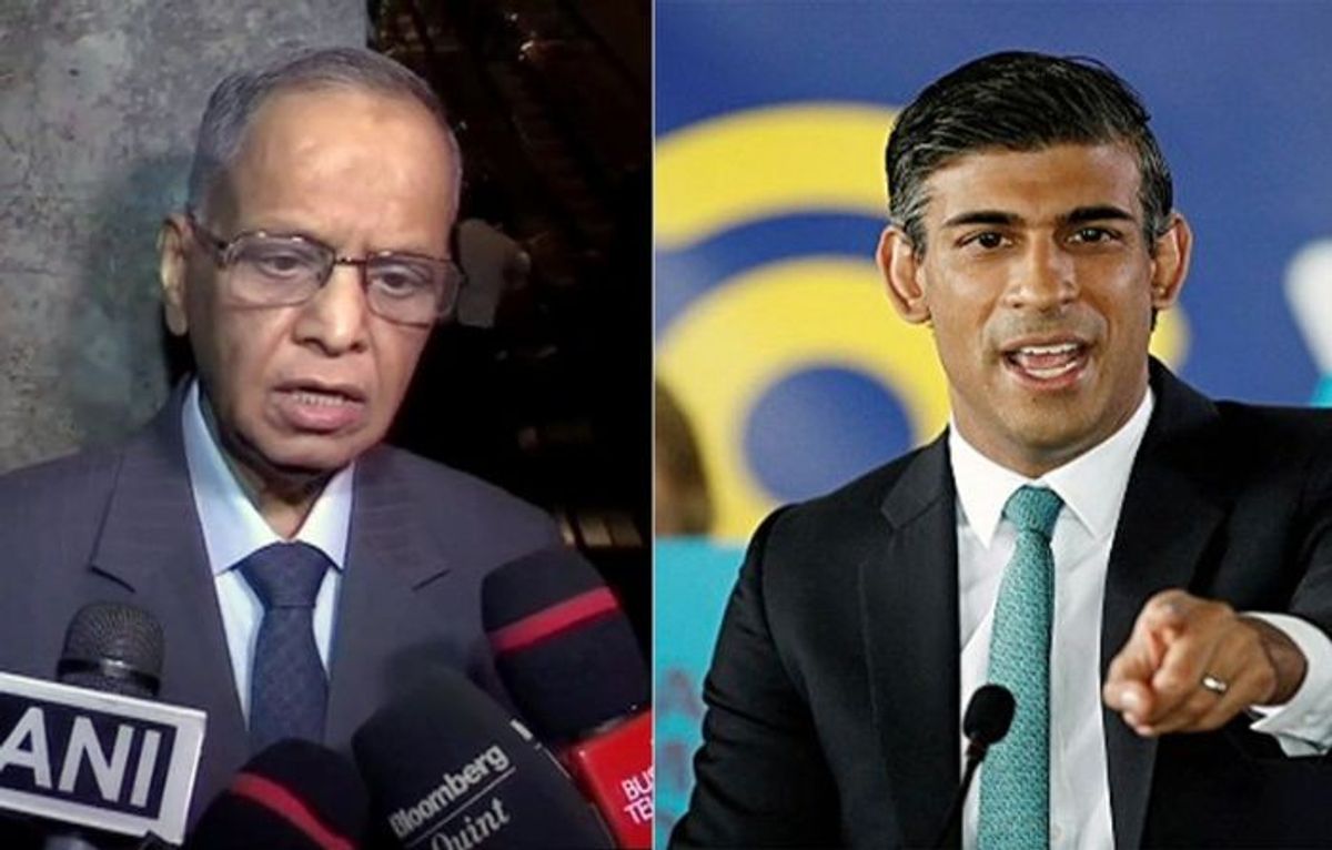 (L-R) Infosys co-founder Narayana Murthy and UK PM Rishi Sunak