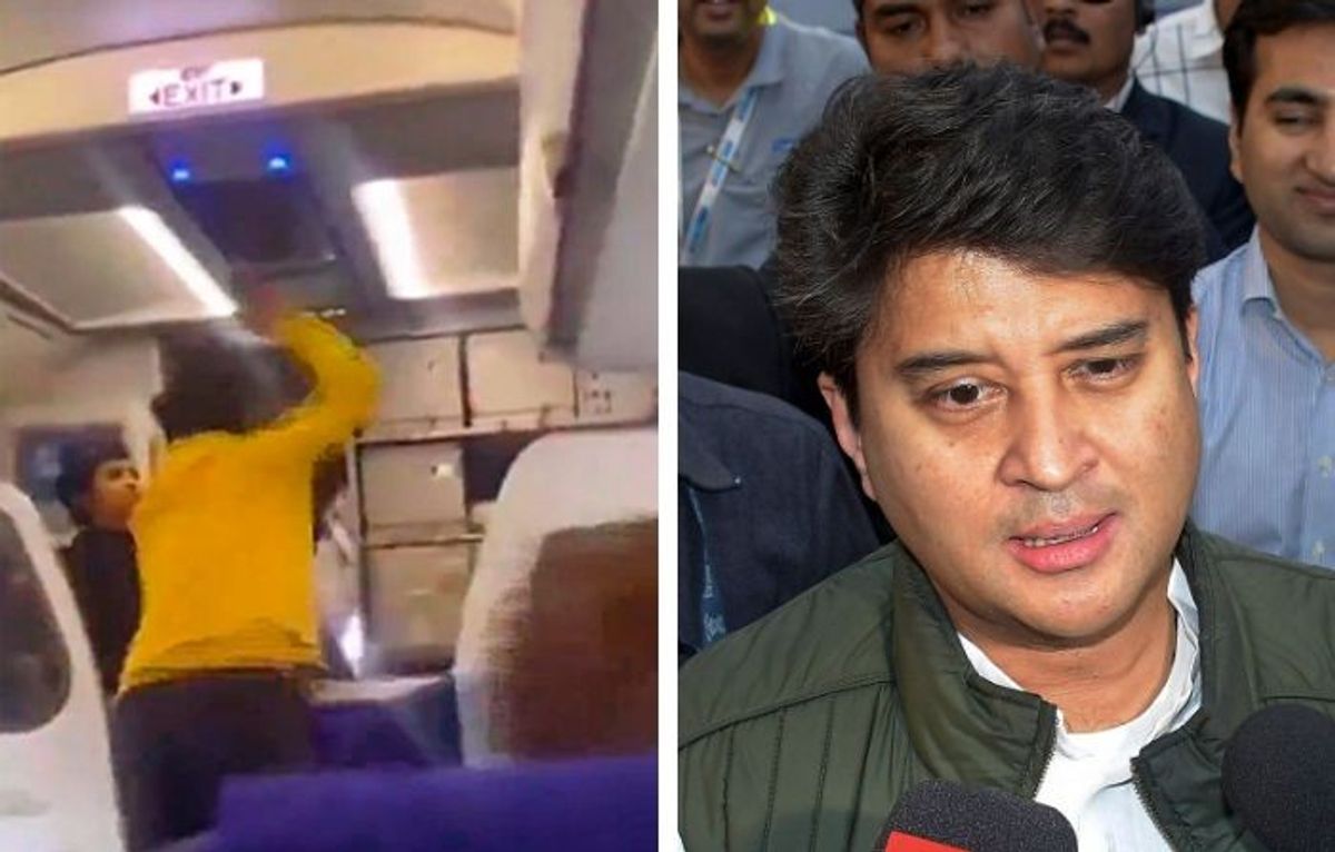 (L-R) Irate passenger aboard IndiGo flights hits pilot over flight delay and Indian civil aviation minister Jyotiraditya Scindia