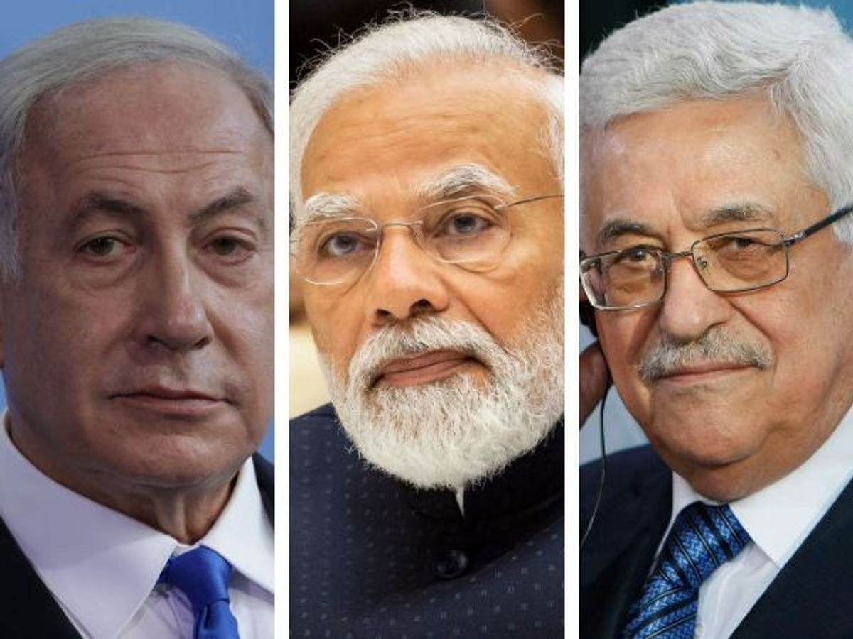 (L-R) Israeli prime minister Benjamin Netanyahu, Indian prime minister Narendra Modi and Palestinian National Authority president Mahmoud Abbas