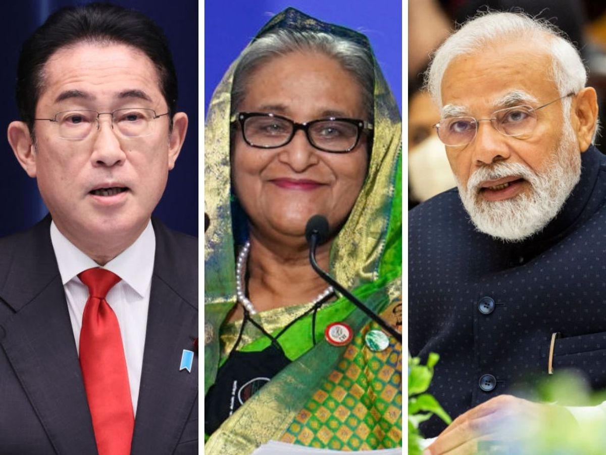 (L-R) Japanese PM Fumio Kishida, Bangladeshi PM Sheikh Hasina and Indian PM Narendra Modi