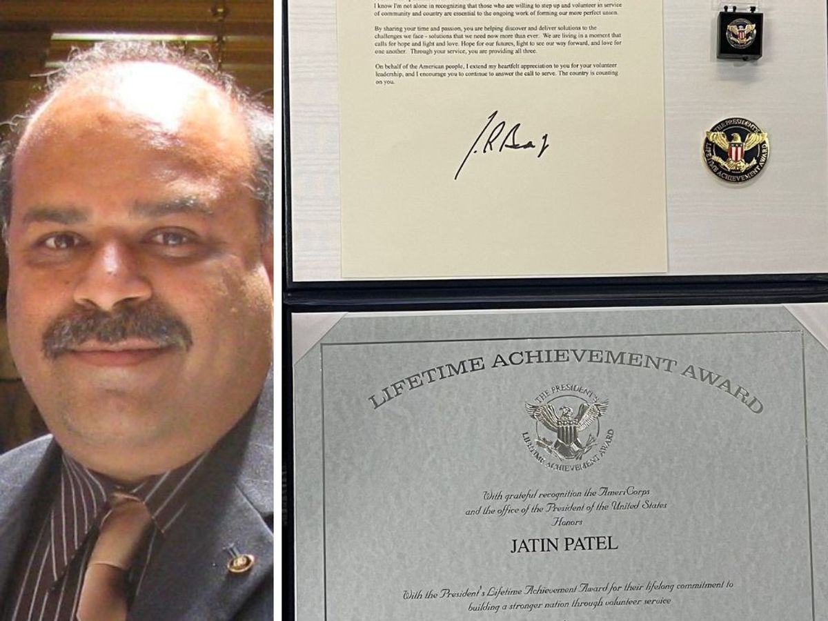 (L-R) Jatin Patel, his lifetime achievement award presented by US president Joe Biden