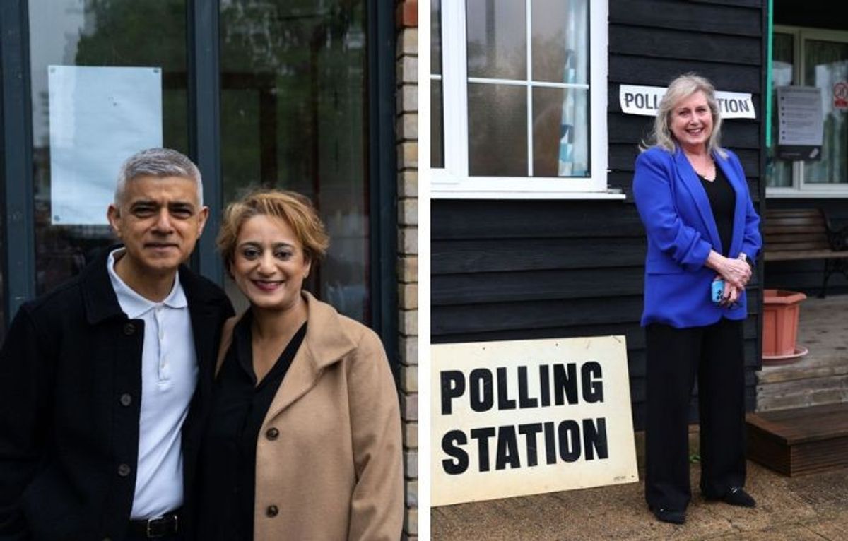 (L-R) London mayor Sadiq Khan with his wife and opponent candidate Susan Hall