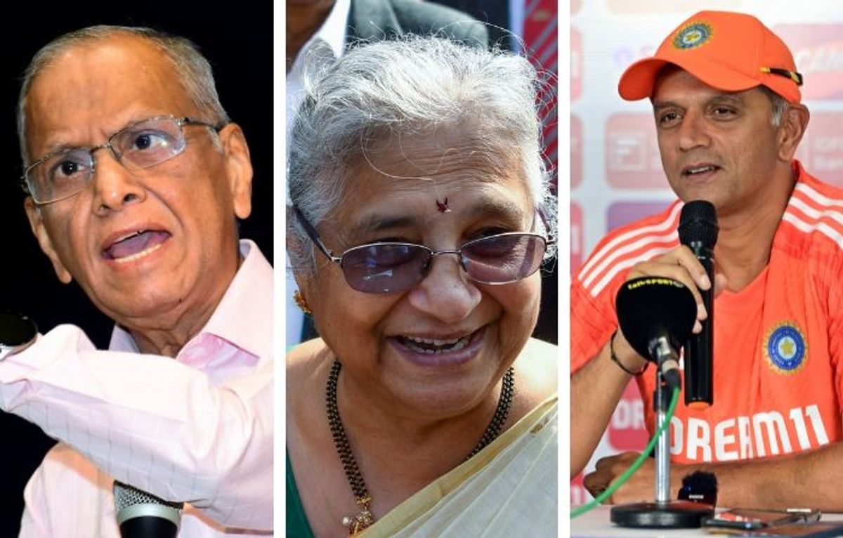 (L-R) Narayana Murthy, Sudha Murty and Rahul Dravid