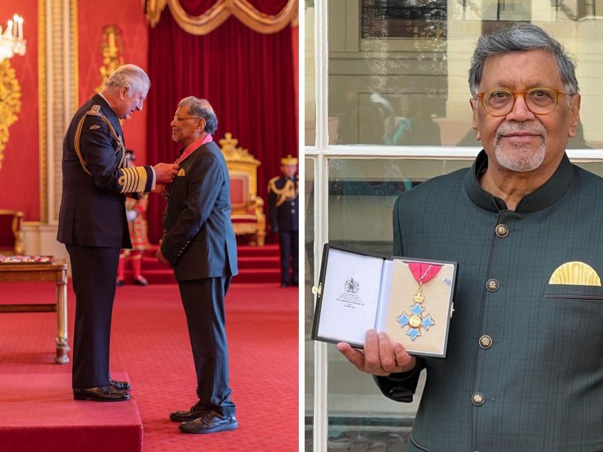 (L-R) Navin Shah receives CBE from King Charles III and Navin