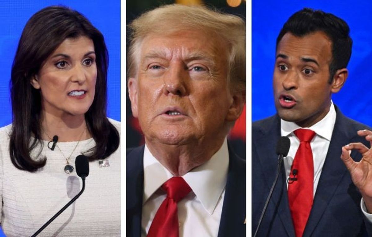 (L-R) Nikki Haley, Donald Trump and Vivek Ramaswamy