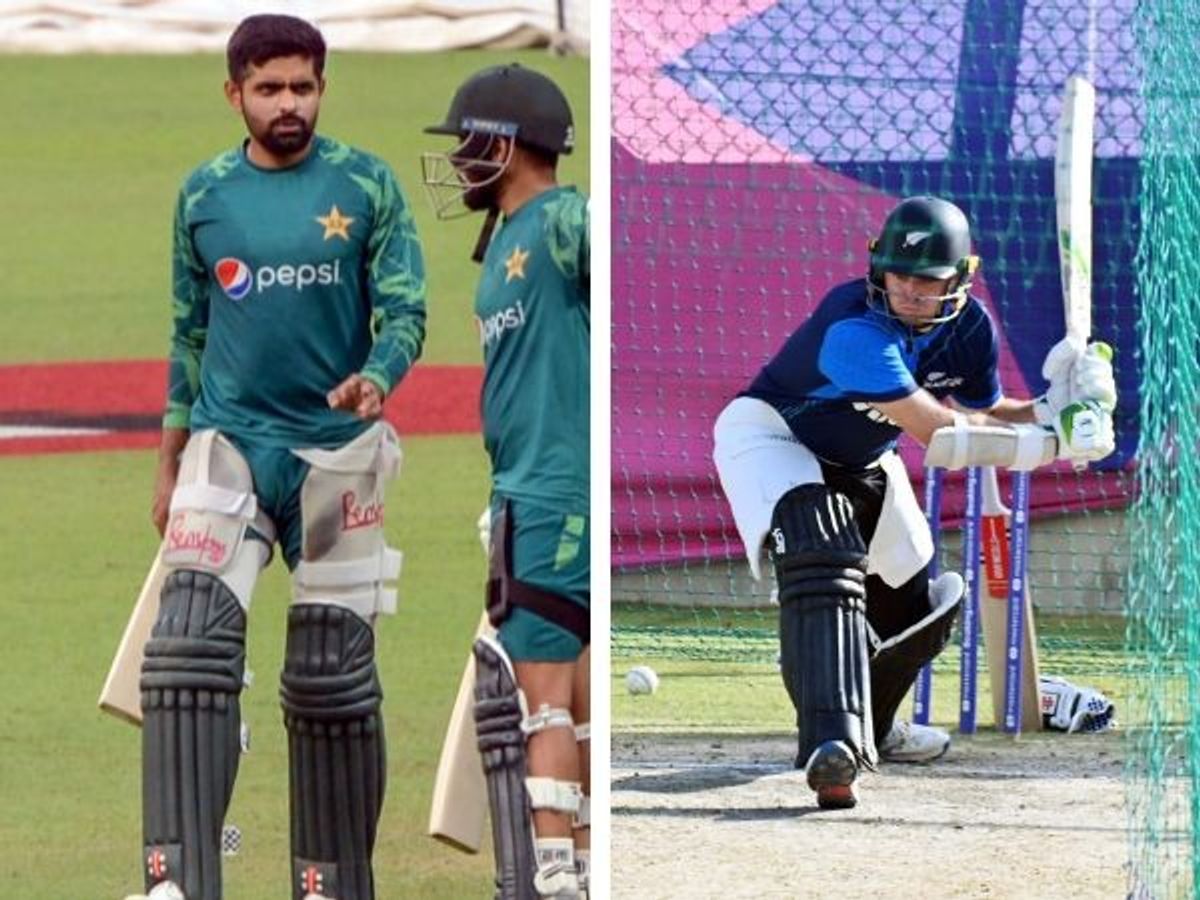 (L-R) Pakistan captain Babar Azam along with a teammate at a practice session and his New Zealand counterpart Tom Latham bats at the nets
