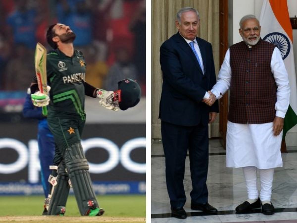 (L-R) Pakistan cricketer Mohammad Rizwan and Indian prime minister Narendra Modi with his Israeli counterpart Benjamin Netanyahu