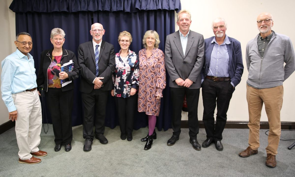 (L-R) Prof Has Shah BEM trustee; Jane Hutt MS CBE, minister for social justice and chief whip; Revd Aled Edwards OBE, chair, Annette Dobbs Trustee; Sian Tesni, trustee; Gary Dunsford vice chair; Graham Benfield trustee; Ted Arbuthnot, former chair.