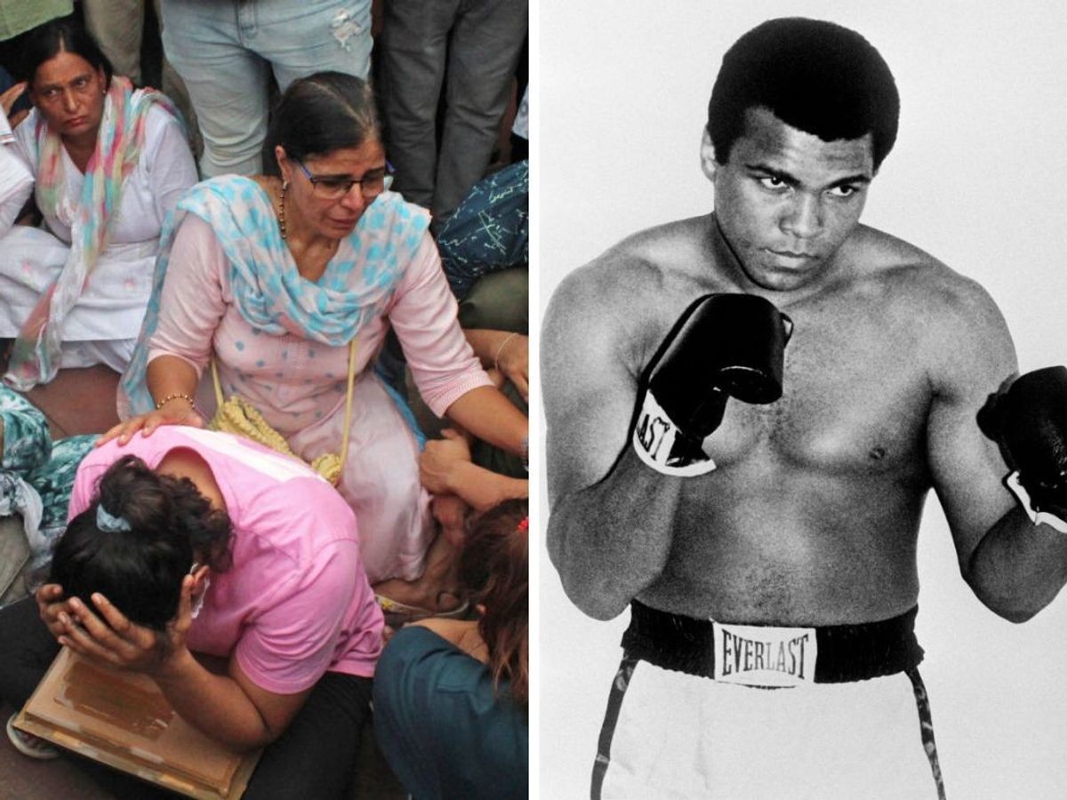 (L-R) Protesting Indian wrestlers and Muhammad Ali