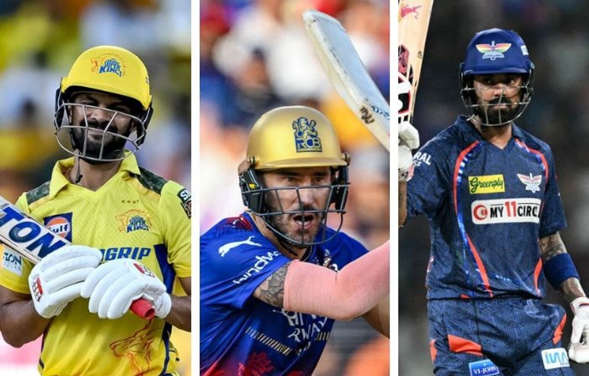 (L-R) Ruturaj Gaikwad, Faf du Plessis and KL Rahul