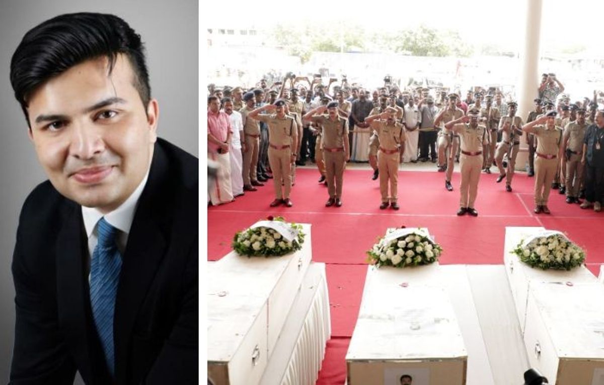 (L-R) Saad Kassis Mohamed, chairman of WeCare, and Indian police personnel pay their last respects to the mortal remains of the victims of the June 12 fire incident in Kuwait, at Cochin International airport in the southern state of Kochi on June 14, 2024.