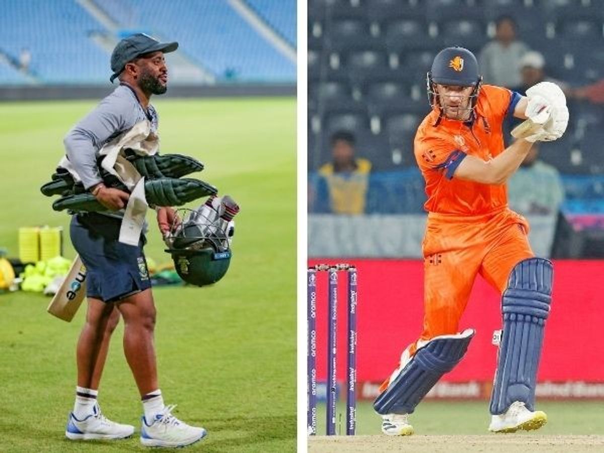 (L-R) South Africa captain Temba Bavuma and his Netherlands counterpart Colin Ackermann