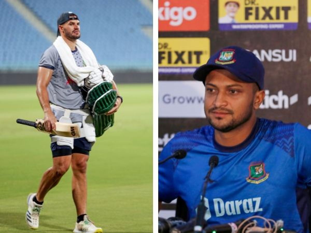 (L-R) South Africa's Aiden Markram and Bangladesh captain Shakib Al Hasan