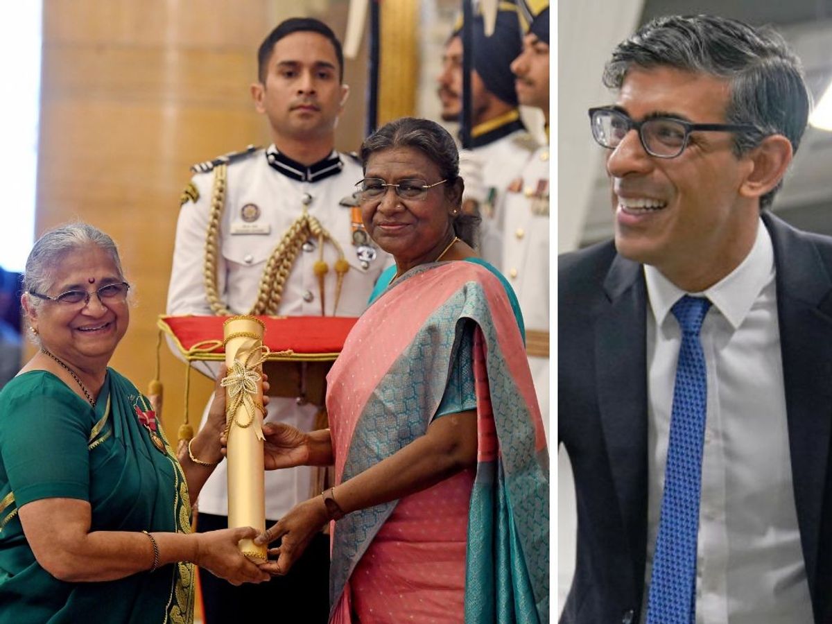 (L-R) Sudha Murty receives Padma Bhushan Award from Indian president Droupadi Murmu; British prime minister Rishi Sunak