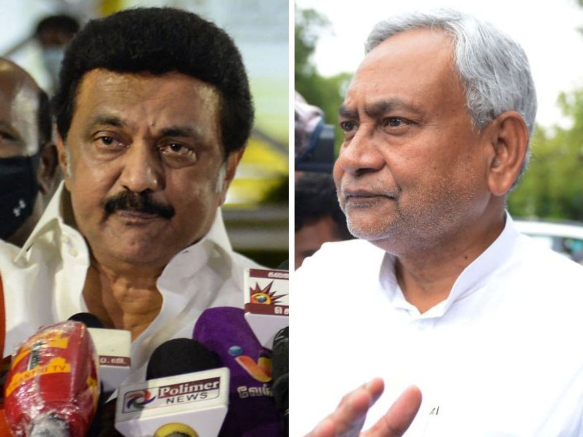 (L-R) Tamil Nadu chief minister MK Stalin and Bihar chief minister Nitish Kumar