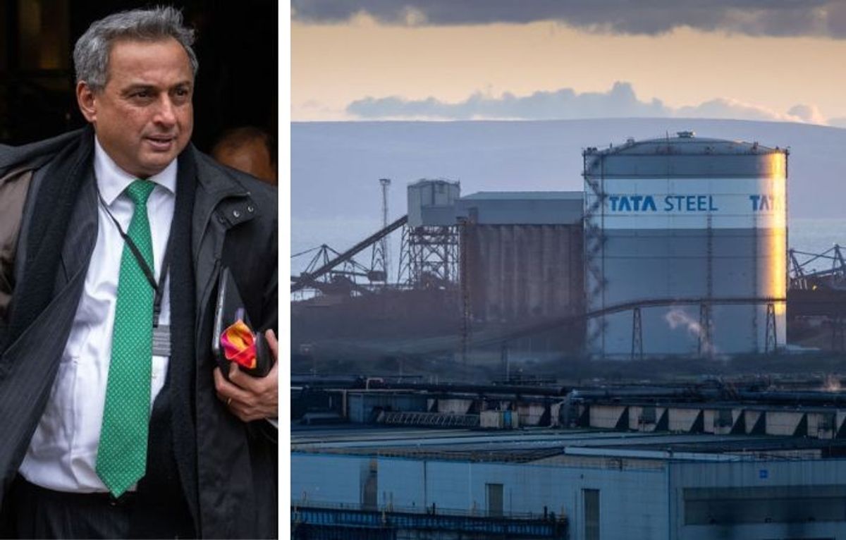 (L-R) Tata Steel managing director TV Narendran and the Tata Steel plant in Port Talbot