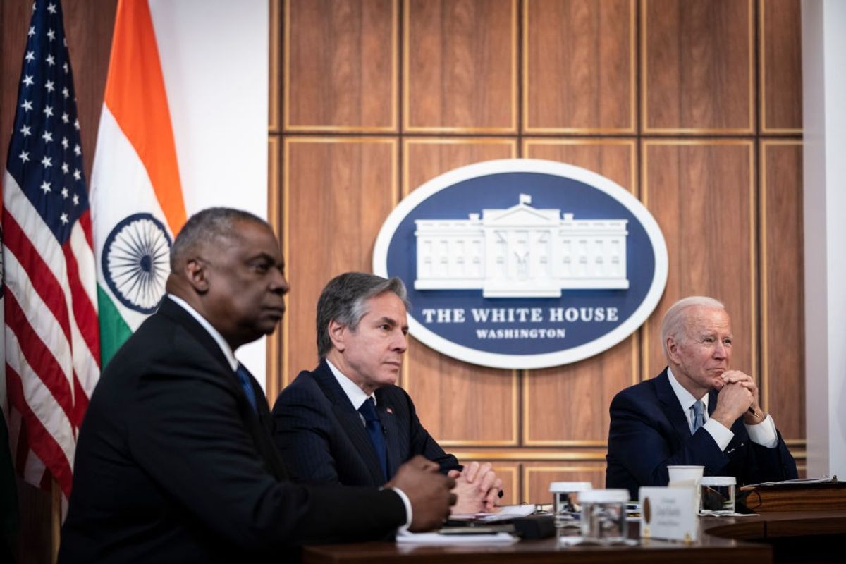 (L-R) US defence secretary Lloyd Austin, US secretary of state Antony Blinken and US president Joe Biden