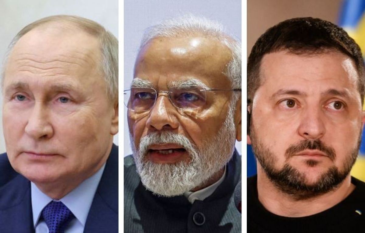 (L-R) Vladimir Putin, Narendra Modi and Volodymyr Zelenskyy