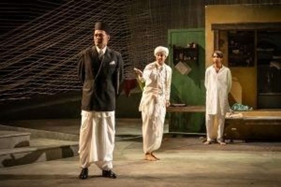 LEAD Inset 1 Sagar Arya Vinayak Savarkar Ankur Bahl Madhav Kishore and Shubham Saraf Nathuram Godse in The Father and the Assassin at the National Theatre. Credits Marc Brenner 8060
