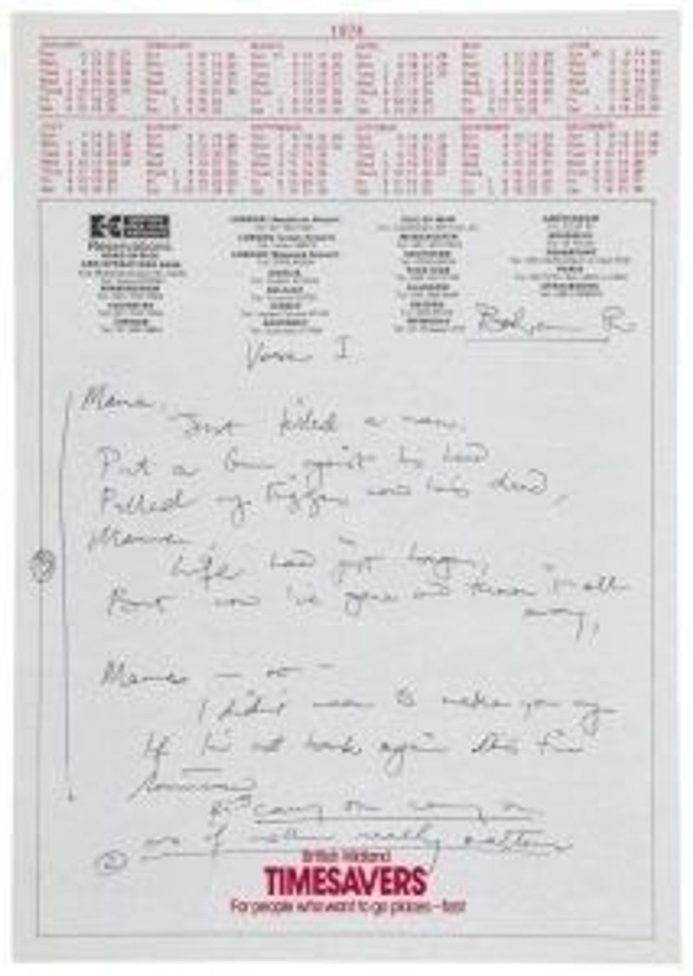 LEAD Inset 2 Freddie Mercurys autograph working lyrics for Bohemian Rhapsody c. 1974 est.800000 1.2 million %C2%A9 Queen Music Ltd Sony Music Publishing UK Ltd 1