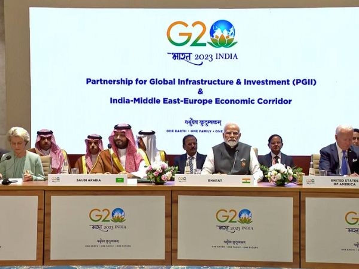 Leaders at talks over IMEEC at G20 summit in New Delhi, India, in September 2023