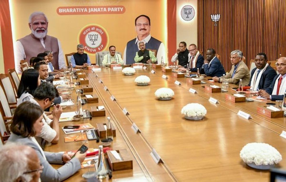 Leaders of India's ruling BJP meets representatives of political parties from 10 countries in New Delhi.