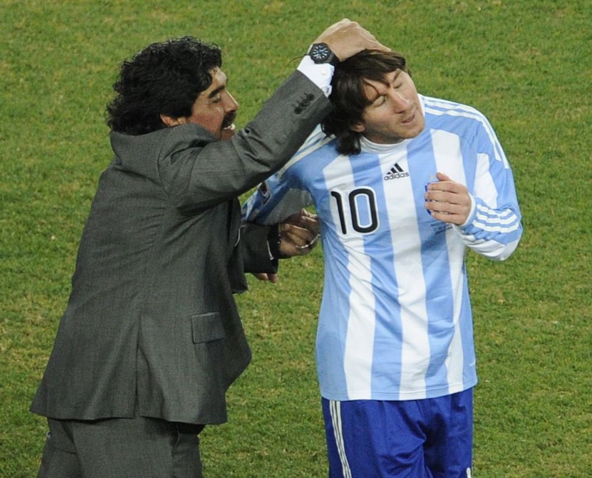 Lionel Messi with Diego Maradona in 2010 World Cup