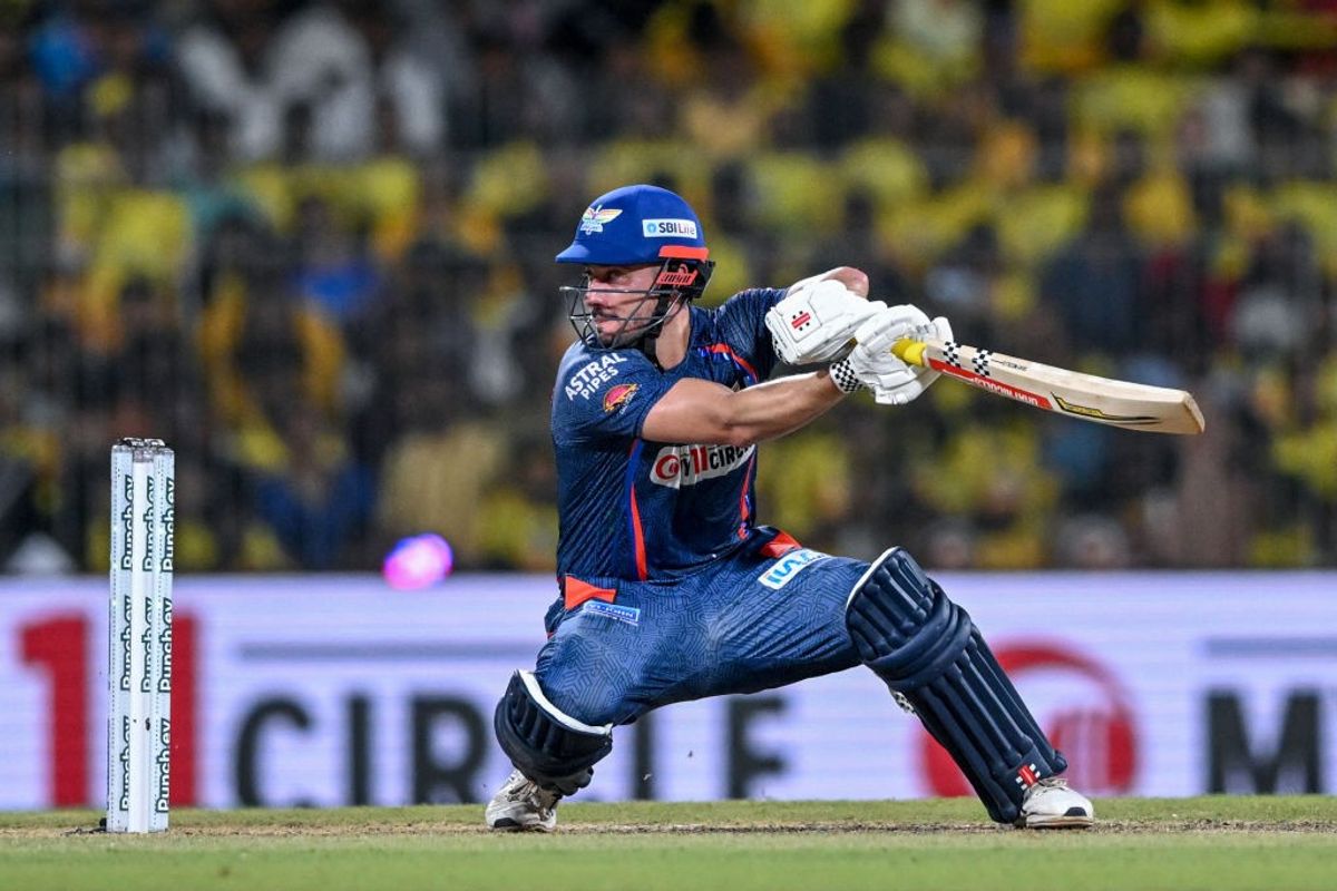 Lucknow's Marcus Stoinis plays a shot against Chennai in IPL 2024