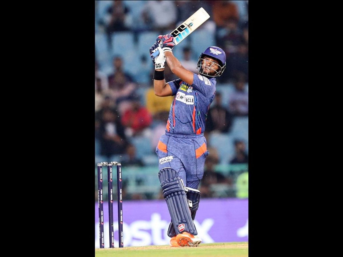 Lucknow Super Giants batter Nicholas Pooran plays a shot in IPL 2023