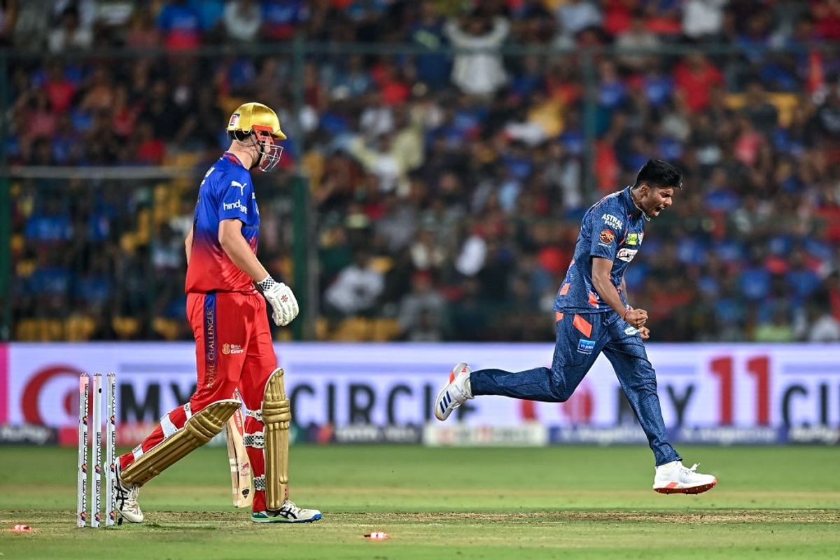 Lucknow Super Giants bowler Mayank Yadav celebrates the wicket of a RCB batter in IPL 2024