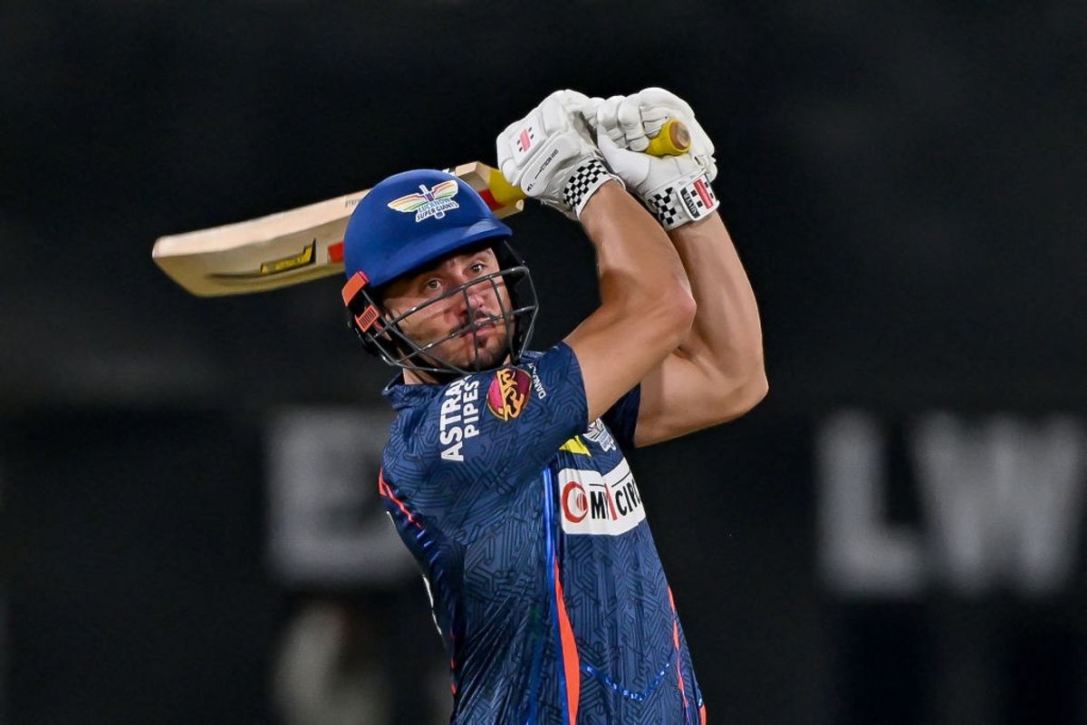 Lucknow Super Giants' Marcus Stoinis plays a shot against Mumbai Indians in IPL 2024