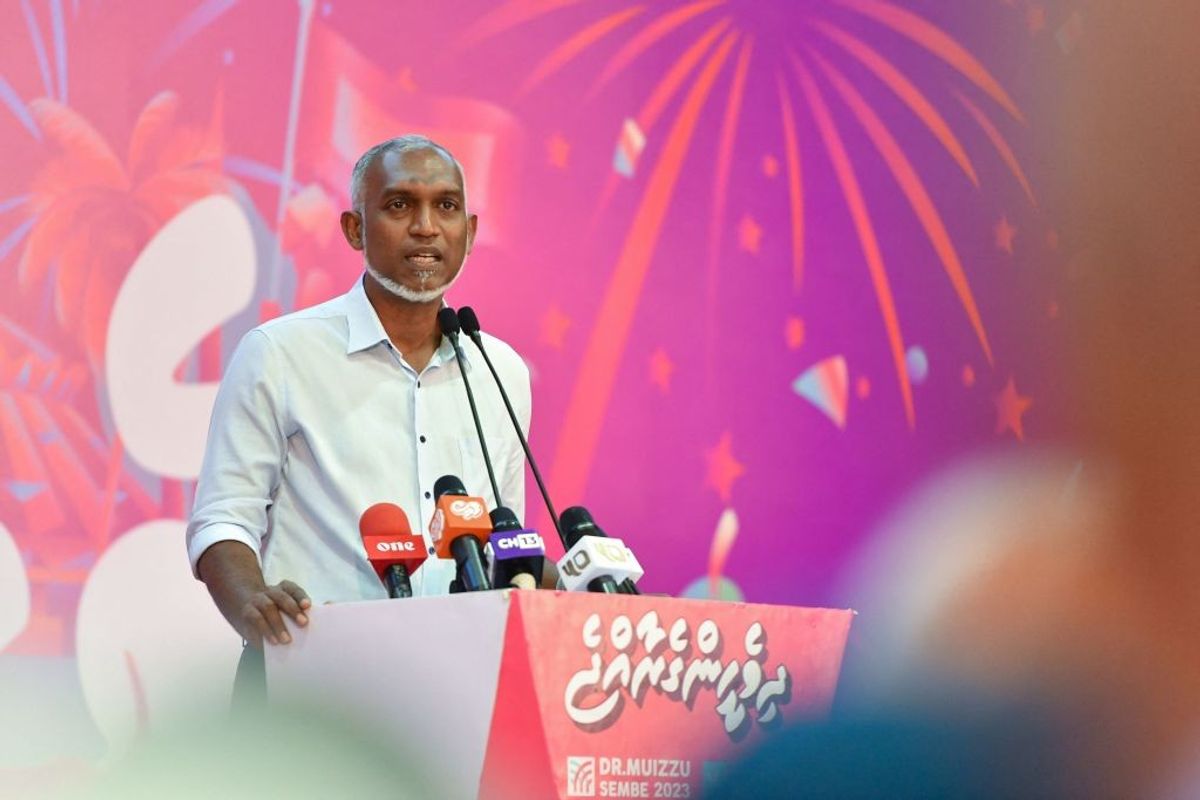 Maldives' president-elect Mohamed Muizzu delivers a speech during a gathering with supporters following the country's presidential election,