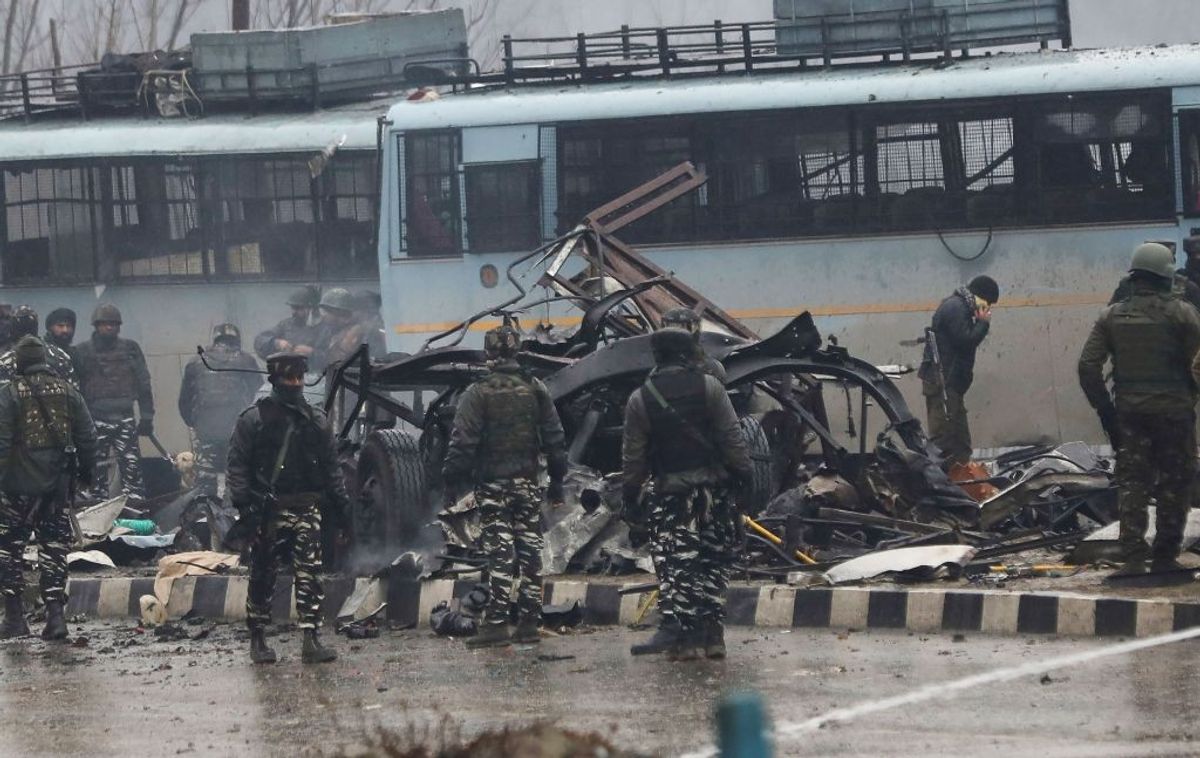 Mangled remains of a vehicle following a terror attack in Pulwama in Jammu and Kashmir, India, in February 2019.