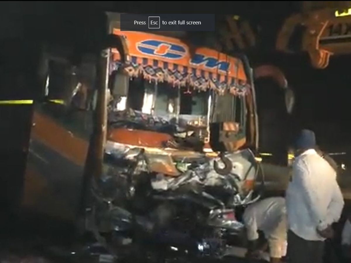Mangled remains of the bus that hit a car in Navsari, Guajarat, on Saturday, December 31, 2022