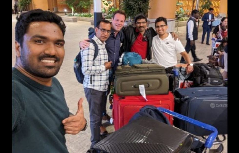 Members of the A-A P4L Mission at London airport prior to their departure for Bengaluru in India.