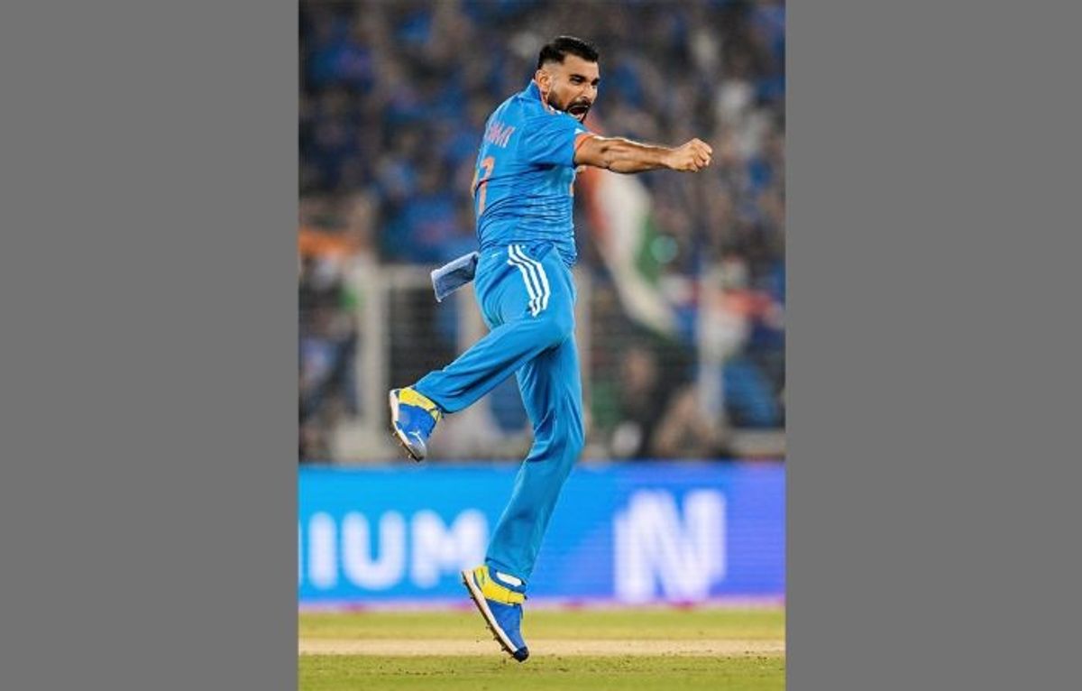 Mohammed Shami celebrates a wicket during World Cup 2023