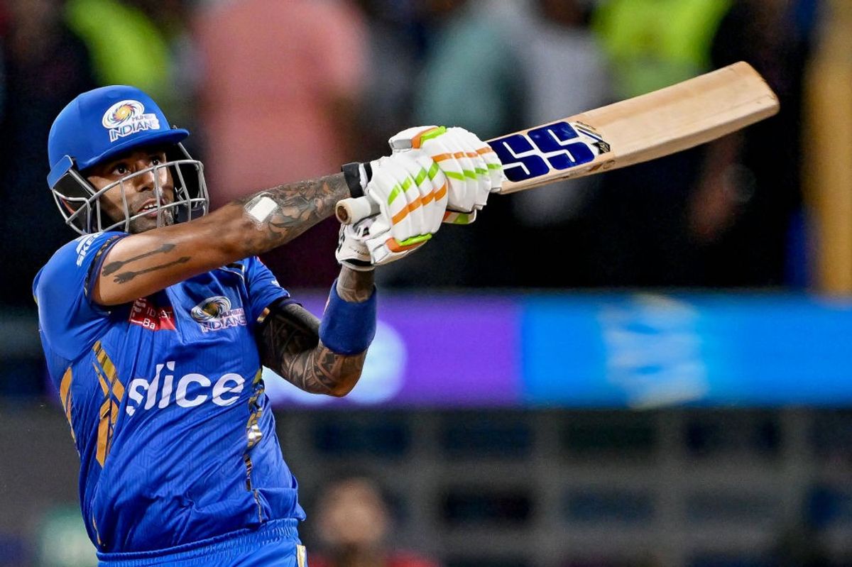 Mumbai Indians' Suryakumar Yadav plays a shot against Sunrisers Hyderabad in IPL 2024