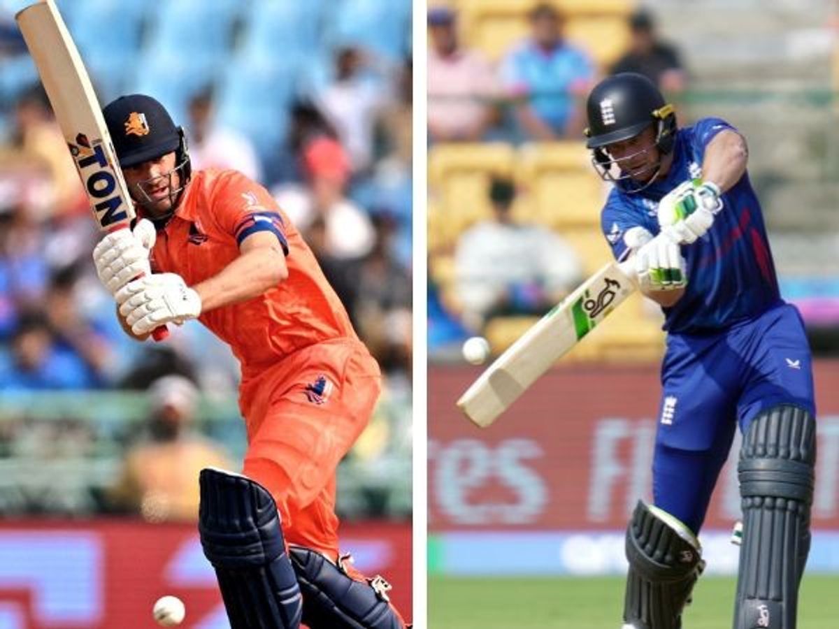 Netherlands captain Colin Ackermann (L) and his England counterpart Josh Buttler