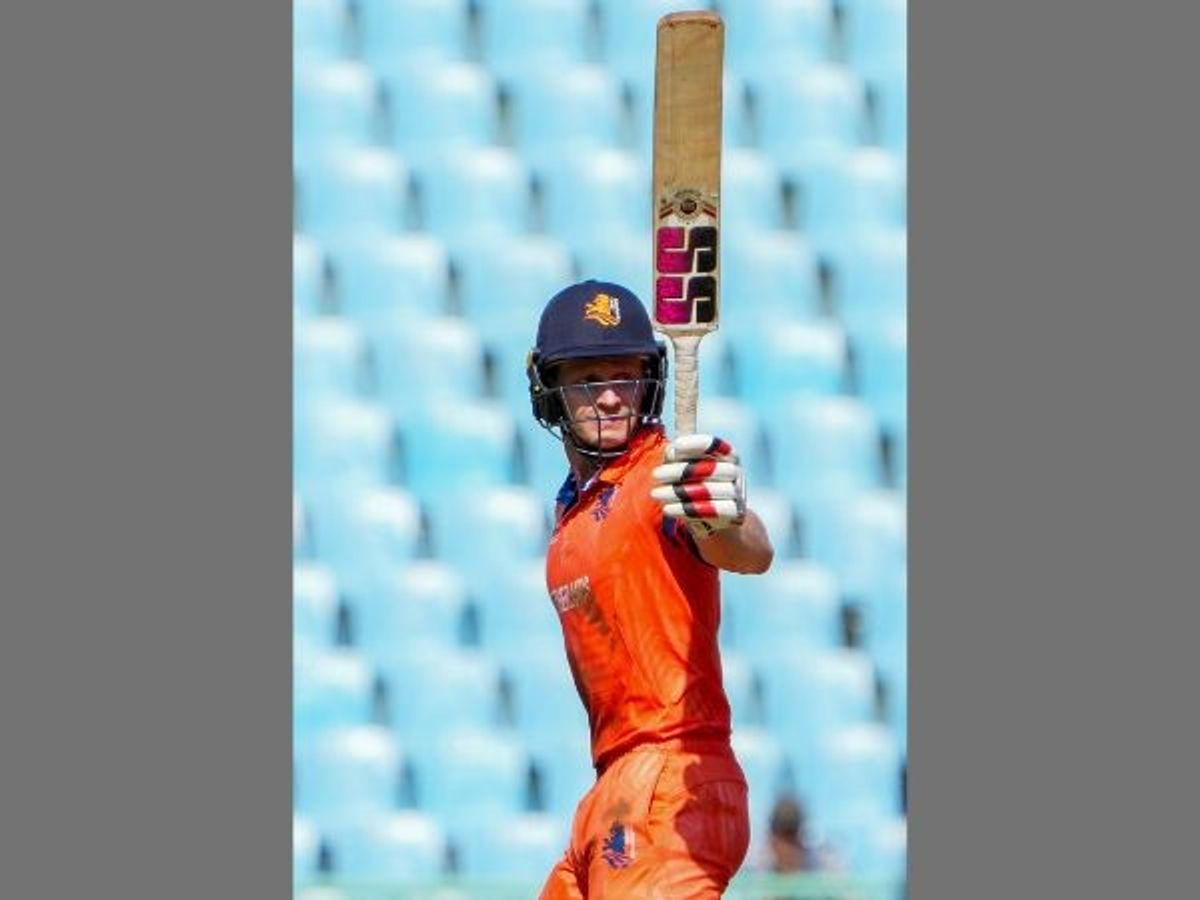 Netherlands' Sybrand Engelbrecht celebrates his half-century during the match against Sri Lanka in the ICC Men's Cricket World Cup 2023, at Ekana Cricket Stadium in Lucknow