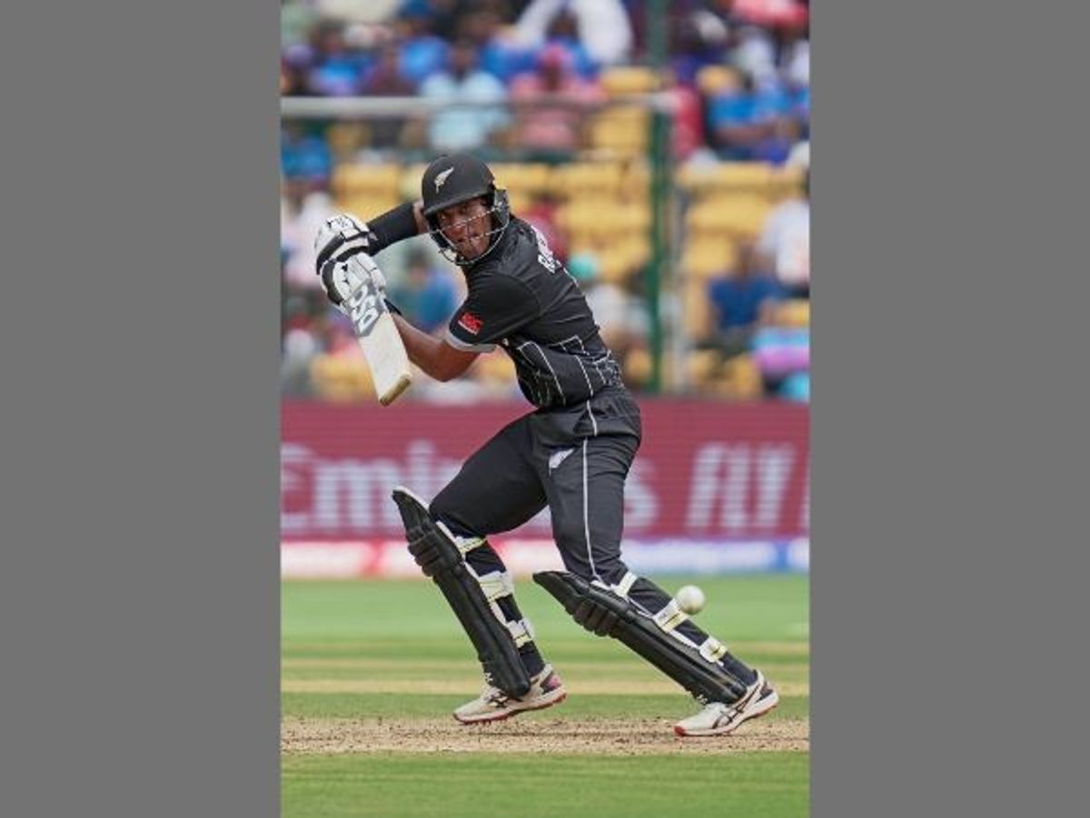 New Zealand batter Rachin Ravindra plays a shot during the match against Pakistan in the ICC Men's Cricket World Cup 2023, at M Chinnaswamy Stadium in Bengaluru